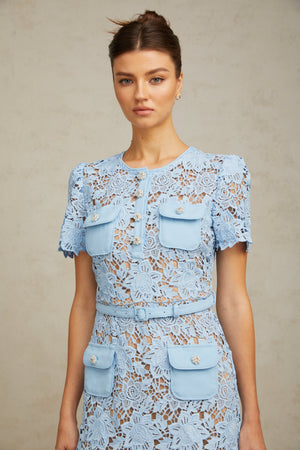 Aurohaya Ariane blue floral-appliqué ruffled lace mini dress