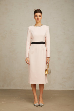 Aurohaya Anaïs pink crystal color-blocked midi dress