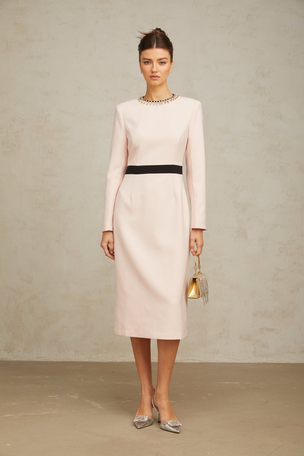 Aurohaya Anaïs pink crystal color-blocked midi dress