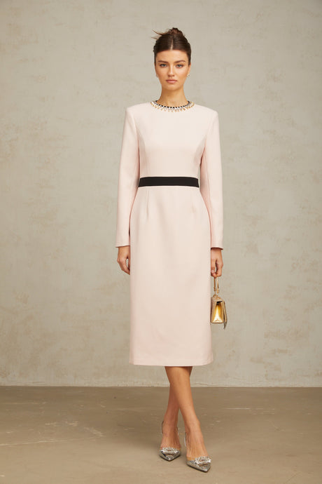Aurohaya Anaïs pink crystal color-blocked midi dress