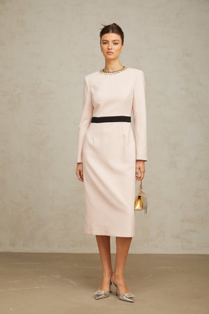 Aurohaya Anaïs pink crystal color-blocked midi dress
