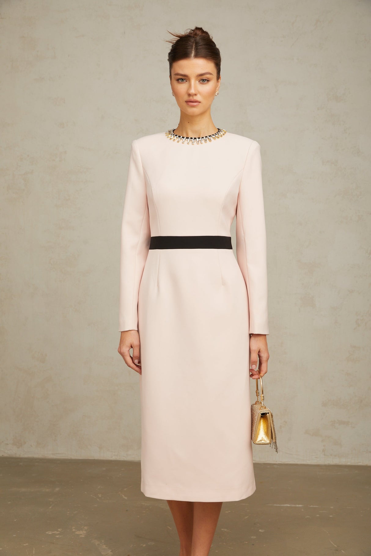 Aurohaya Anaïs pink crystal color-blocked midi dress