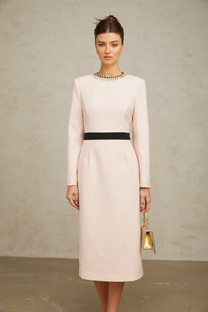 Aurohaya Anaïs pink crystal color-blocked midi dress