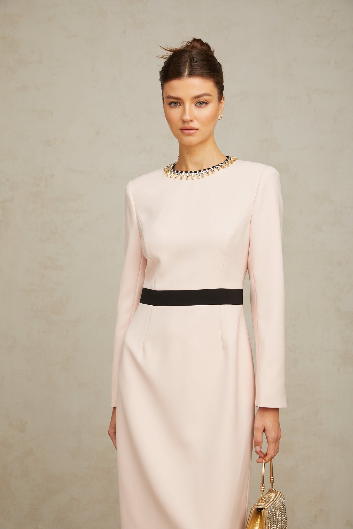 Aurohaya Anaïs pink crystal color-blocked midi dress