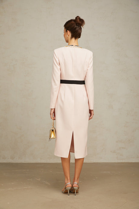 Aurohaya Anaïs pink crystal color-blocked midi dress
