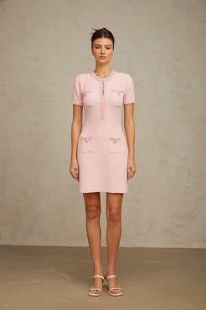 Aurohaya Eugénie pink beaded knit mini dress
