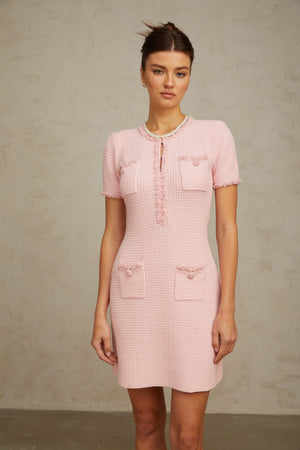 Aurohaya Eugénie pink beaded knit mini dress