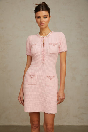 Aurohaya Eugénie pink beaded knit mini dress