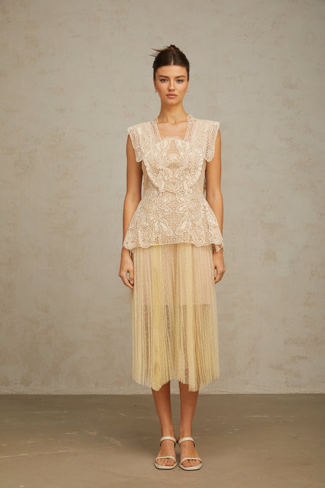 Aurohaya Céleste floral-lace-panelling tulle midi dress in Neutrals