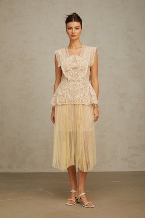 Aurohaya Céleste floral-lace-panelling tulle midi dress in Neutrals