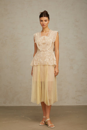 Aurohaya Céleste floral-lace-panelling tulle midi dress in Neutrals