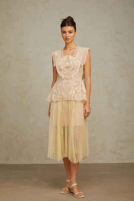 Aurohaya Céleste floral-lace-panelling tulle midi dress in Neutrals