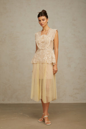 Aurohaya Céleste floral-lace-panelling tulle midi dress in Neutrals