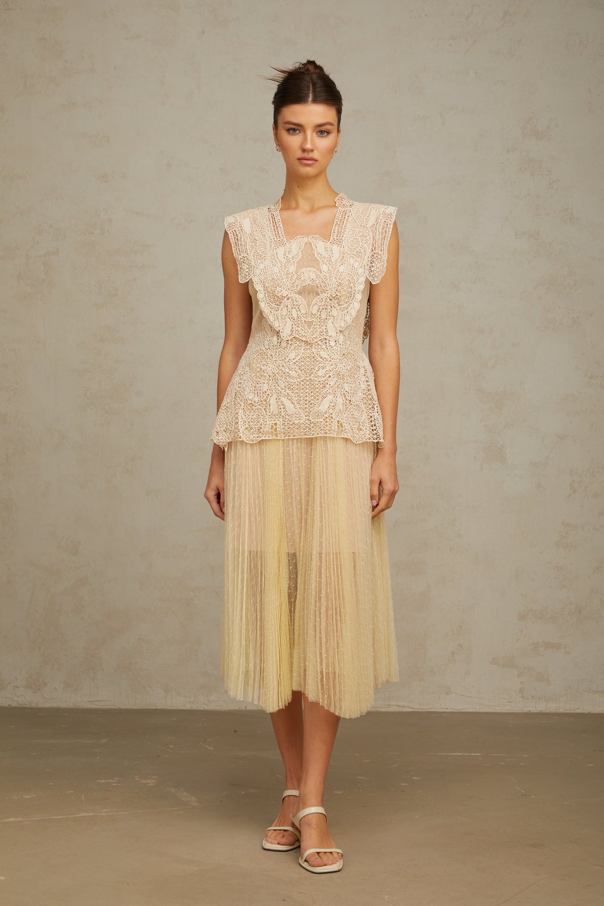 Aurohaya Céleste floral-lace-panelling tulle midi dress in Neutrals