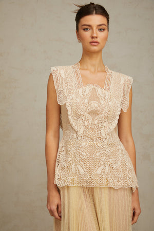 Aurohaya Céleste floral-lace-panelling tulle midi dress in Neutrals