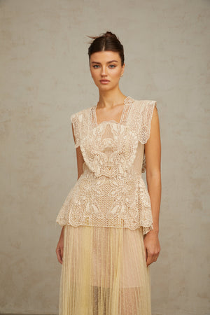 Aurohaya Céleste floral-lace-panelling tulle midi dress in Neutrals