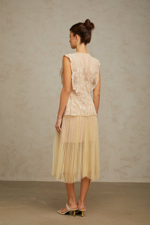 Aurohaya Céleste floral-lace-panelling tulle midi dress in Neutrals