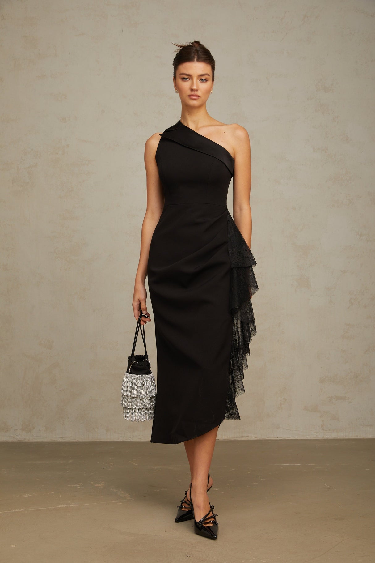 Aurohaya Bernadette black lace-panell asymmetrical midi dress