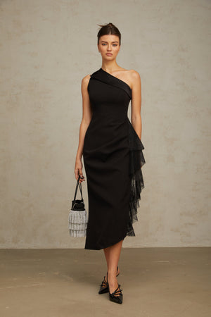Aurohaya Bernadette black lace-panell asymmetrical midi dress