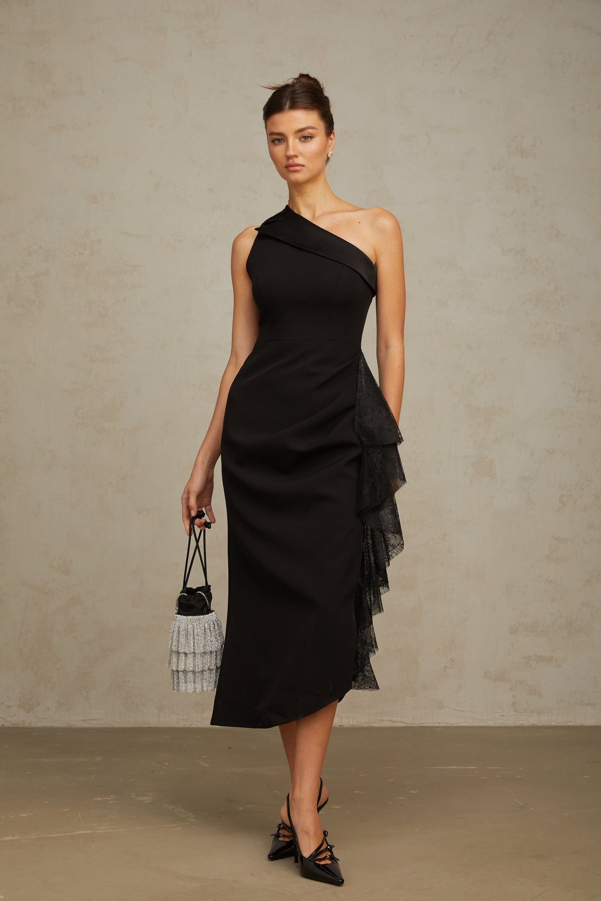 Aurohaya Bernadette black lace-panell asymmetrical midi dress