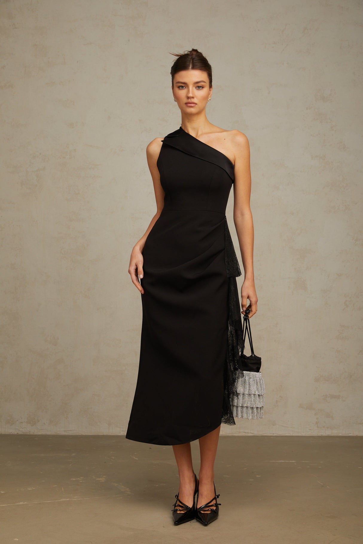 Aurohaya Bernadette black lace-panell asymmetrical midi dress