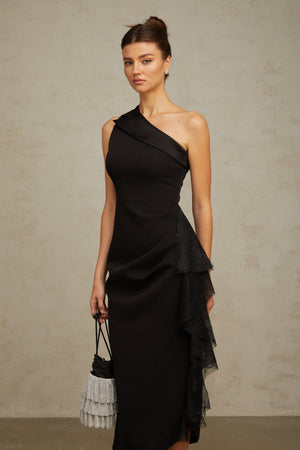 Aurohaya Bernadette black lace-panell asymmetrical midi dress