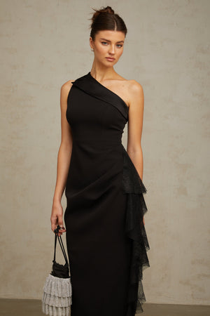 Aurohaya Bernadette black lace-panell asymmetrical midi dress