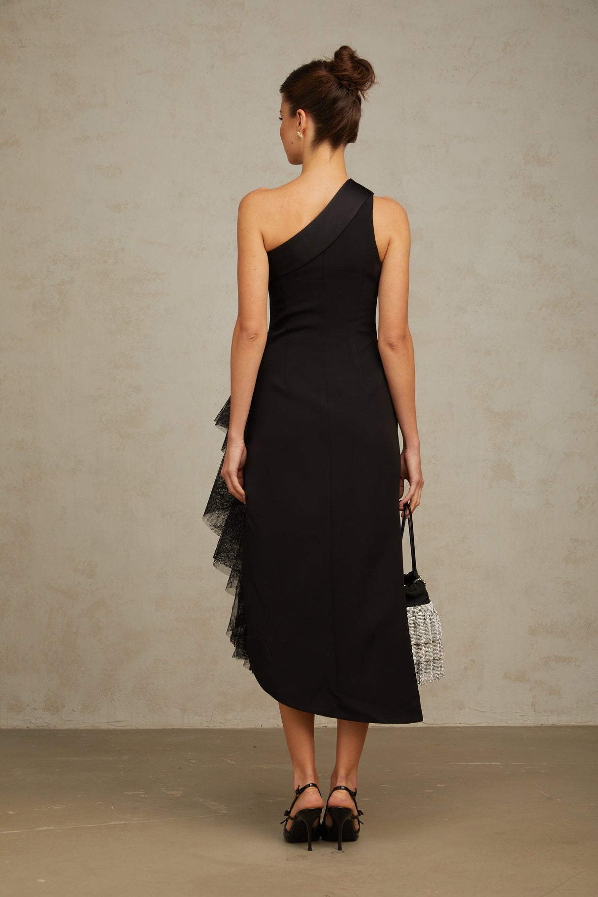 Aurohaya Bernadette black lace-panell asymmetrical midi dress