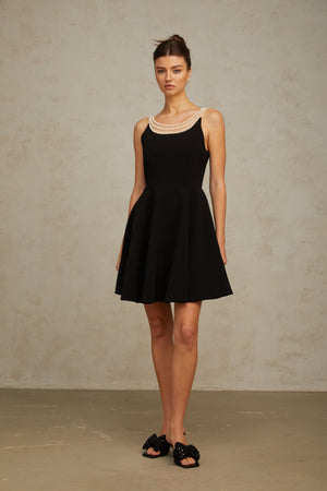 Aurohaya Danaé black faux-pearl-embellished mini dress