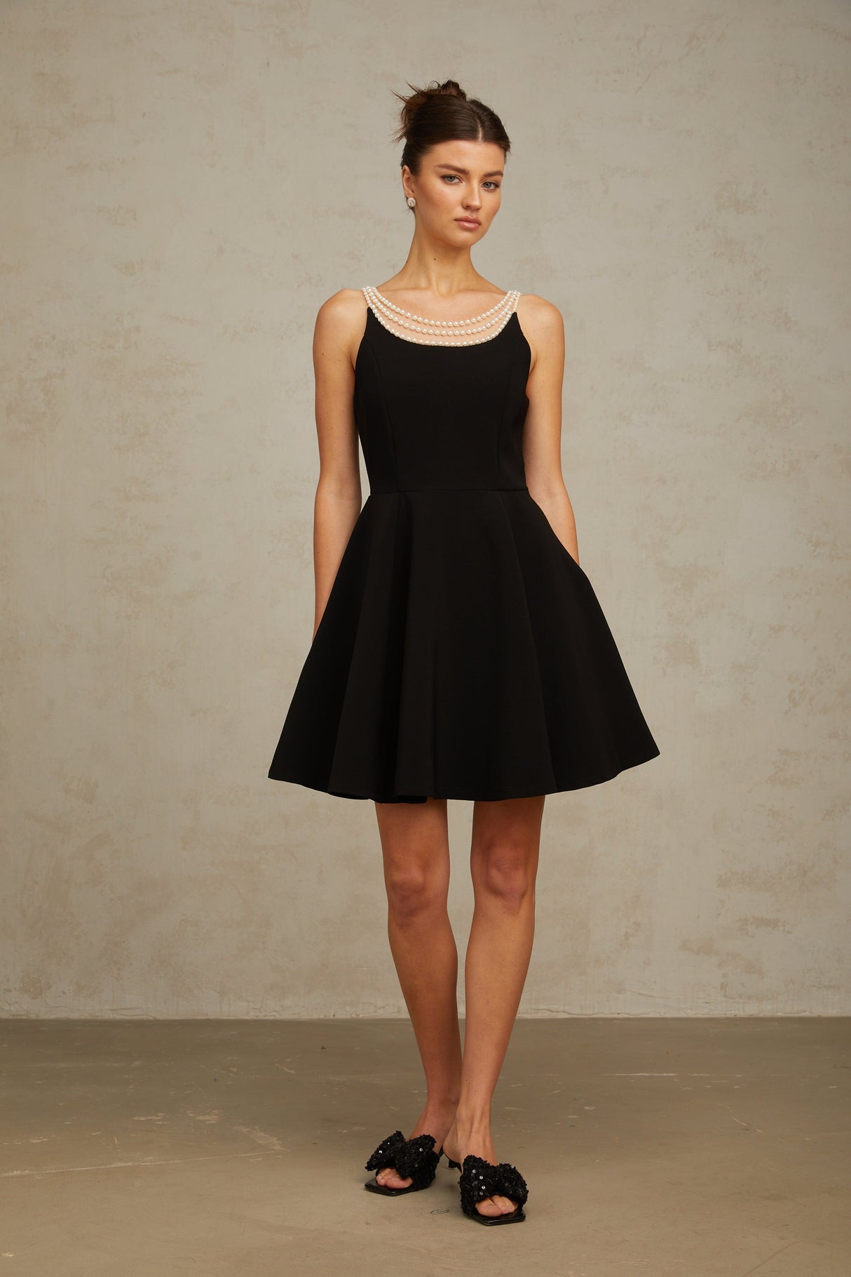 Aurohaya Danaé black faux-pearl-embellished mini dress