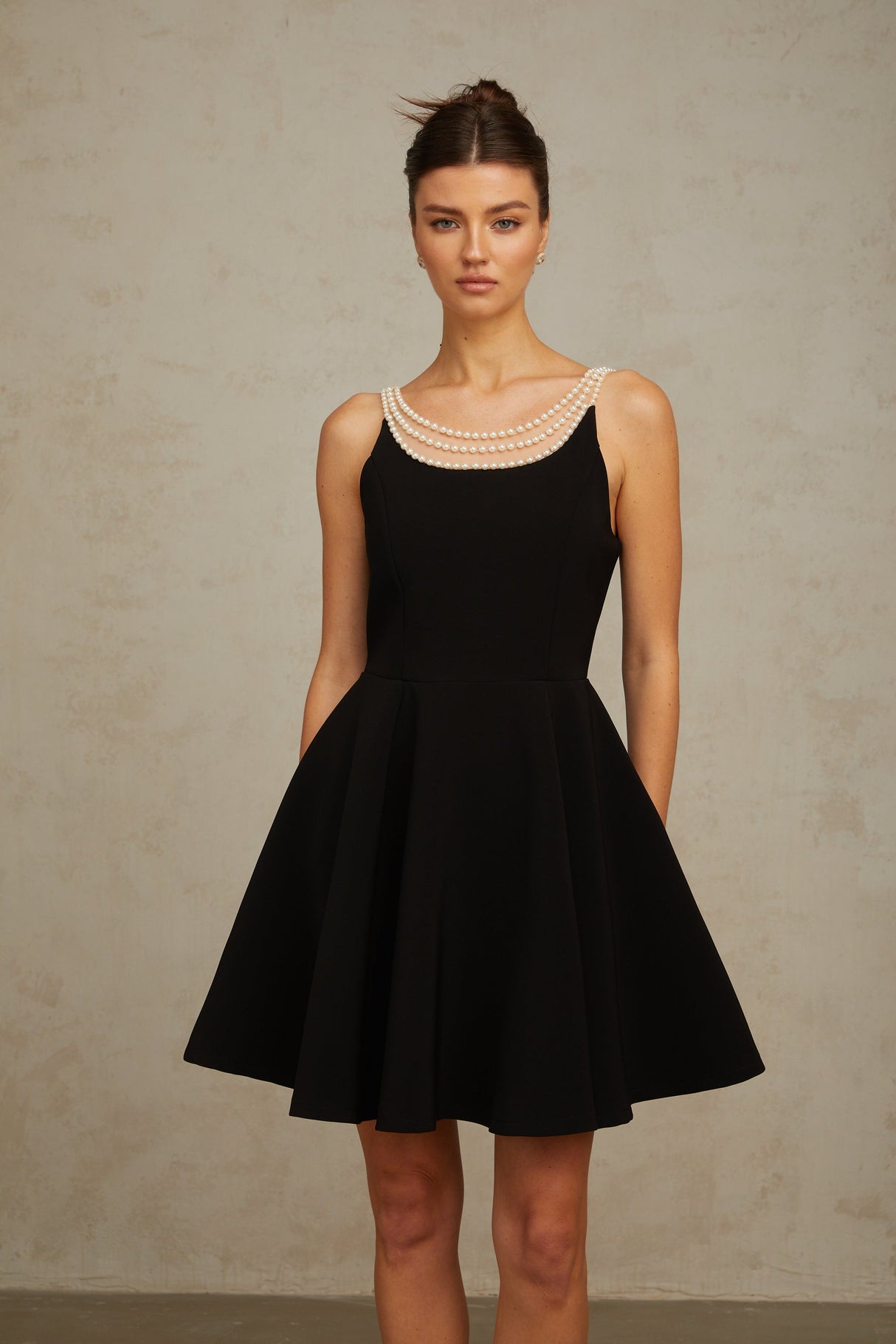Aurohaya Danaé black faux-pearl-embellished mini dress