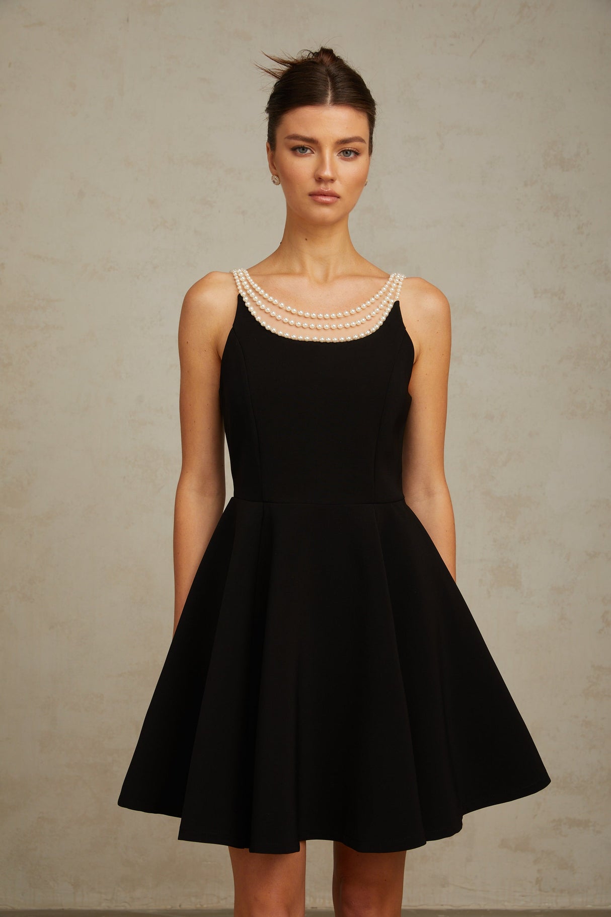 Aurohaya Danaé black faux-pearl-embellished mini dress