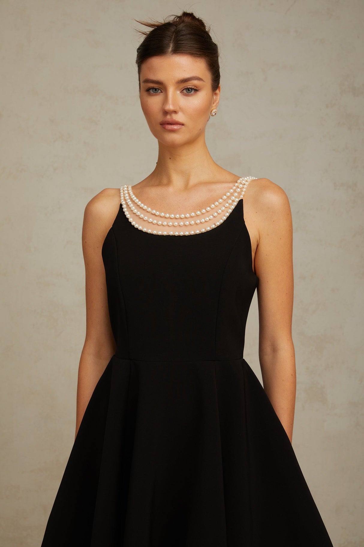 Aurohaya Danaé black faux-pearl-embellished mini dress