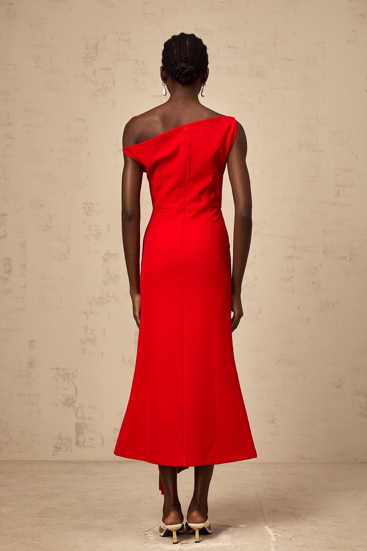 Aurohaya Laurine asymmetrical draped midi dress in Red
