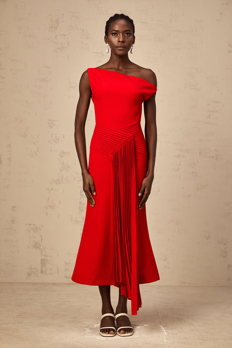 Aurohaya Laurine asymmetrical draped midi dress in Red