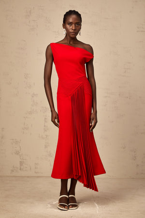 Aurohaya Laurine asymmetrical draped midi dress in Red