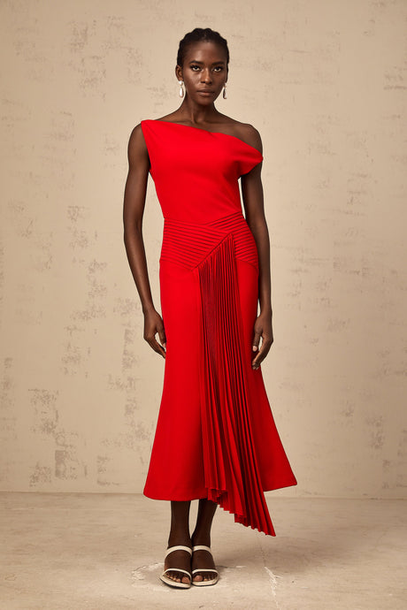 Aurohaya Laurine asymmetrical draped midi dress in Red