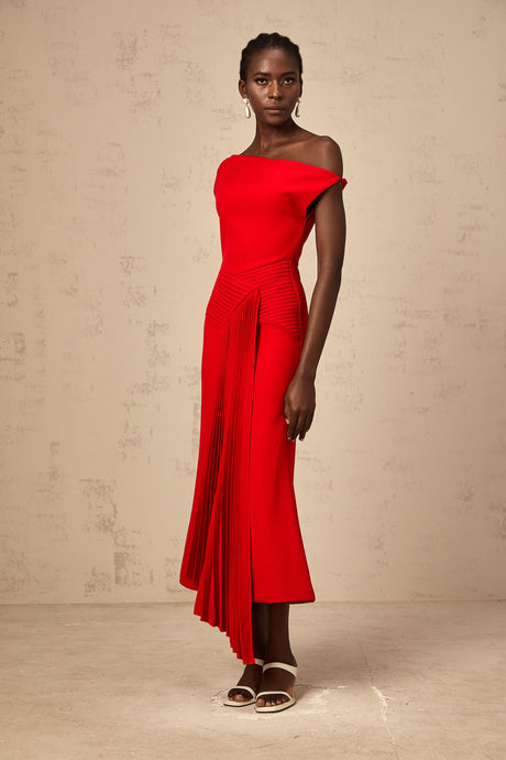 Aurohaya Laurine asymmetrical draped midi dress in Red