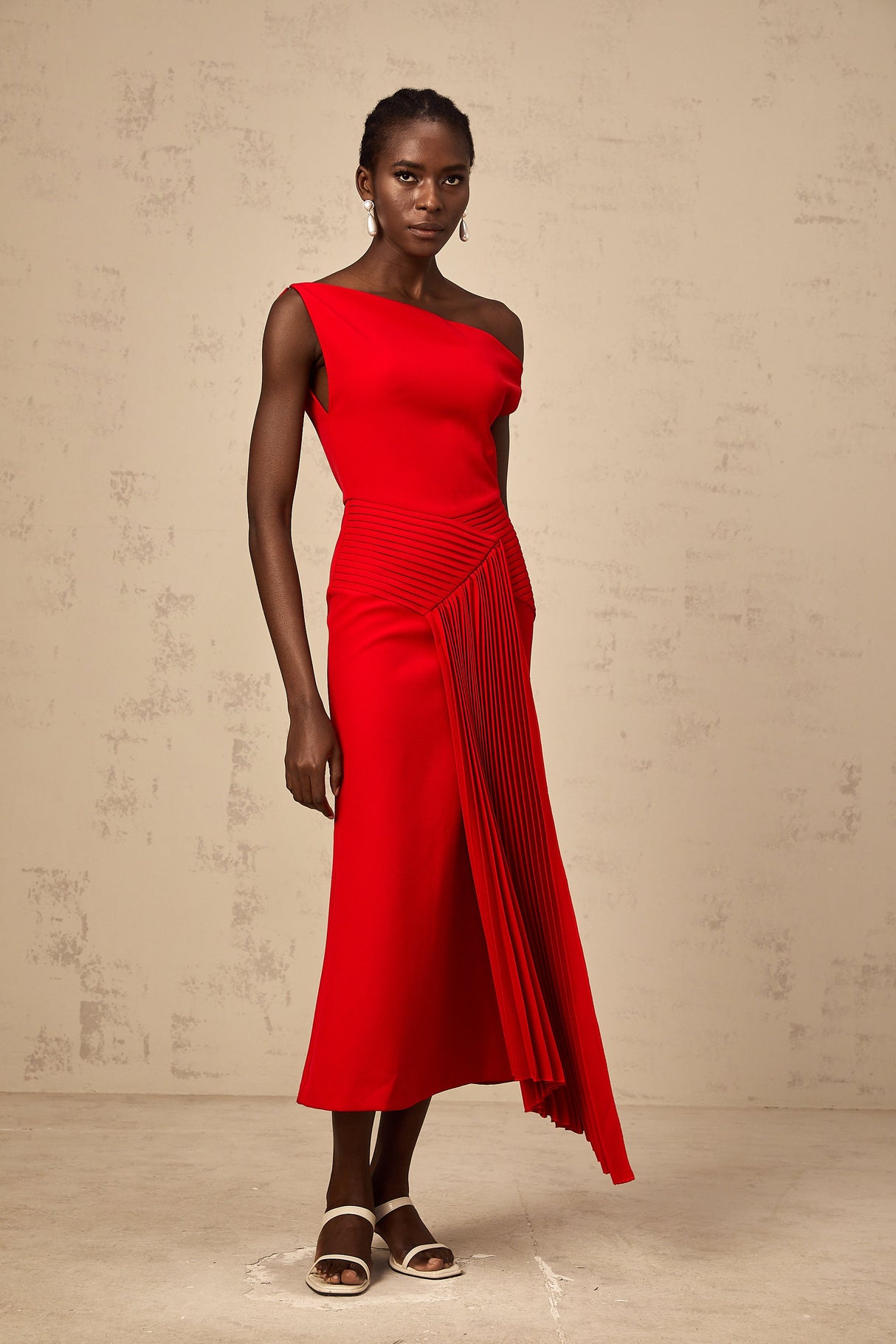 Aurohaya Laurine asymmetrical draped midi dress in Red