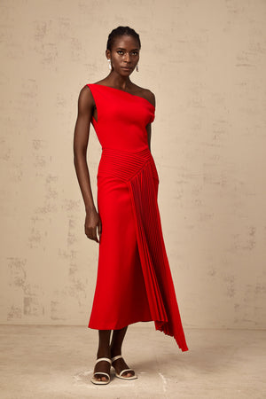 Aurohaya Laurine asymmetrical draped midi dress in Red
