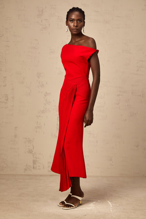 Aurohaya Laurine asymmetrical draped midi dress in Red