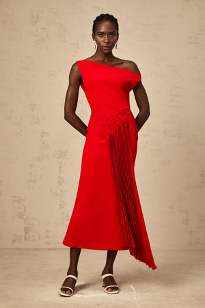 Aurohaya Laurine asymmetrical draped midi dress in Red