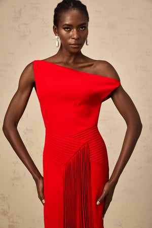 Aurohaya Laurine asymmetrical draped midi dress in Red
