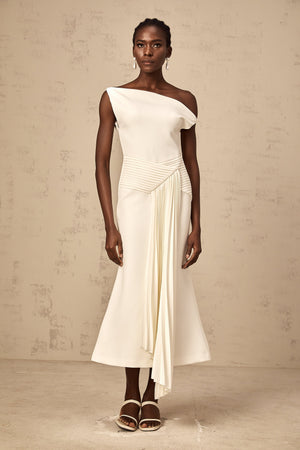 Aurohaya Laurine asymmetrical draped midi dress in White