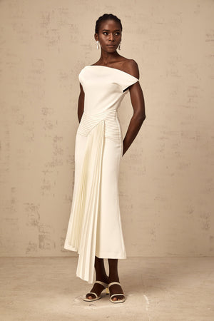 Aurohaya Laurine asymmetrical draped midi dress in White