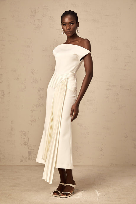 Aurohaya Laurine asymmetrical draped midi dress in White