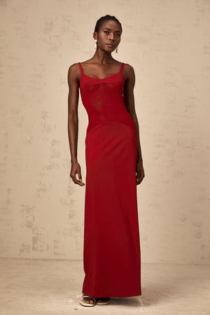 Aurohaya Céline red semi-sheer tulle-panel maxi dress