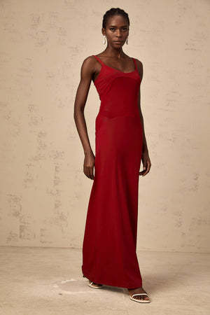 Aurohaya Céline red semi-sheer tulle-panel maxi dress