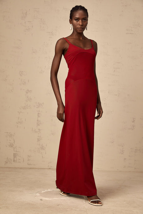Aurohaya Céline red semi-sheer tulle-panel maxi dress
