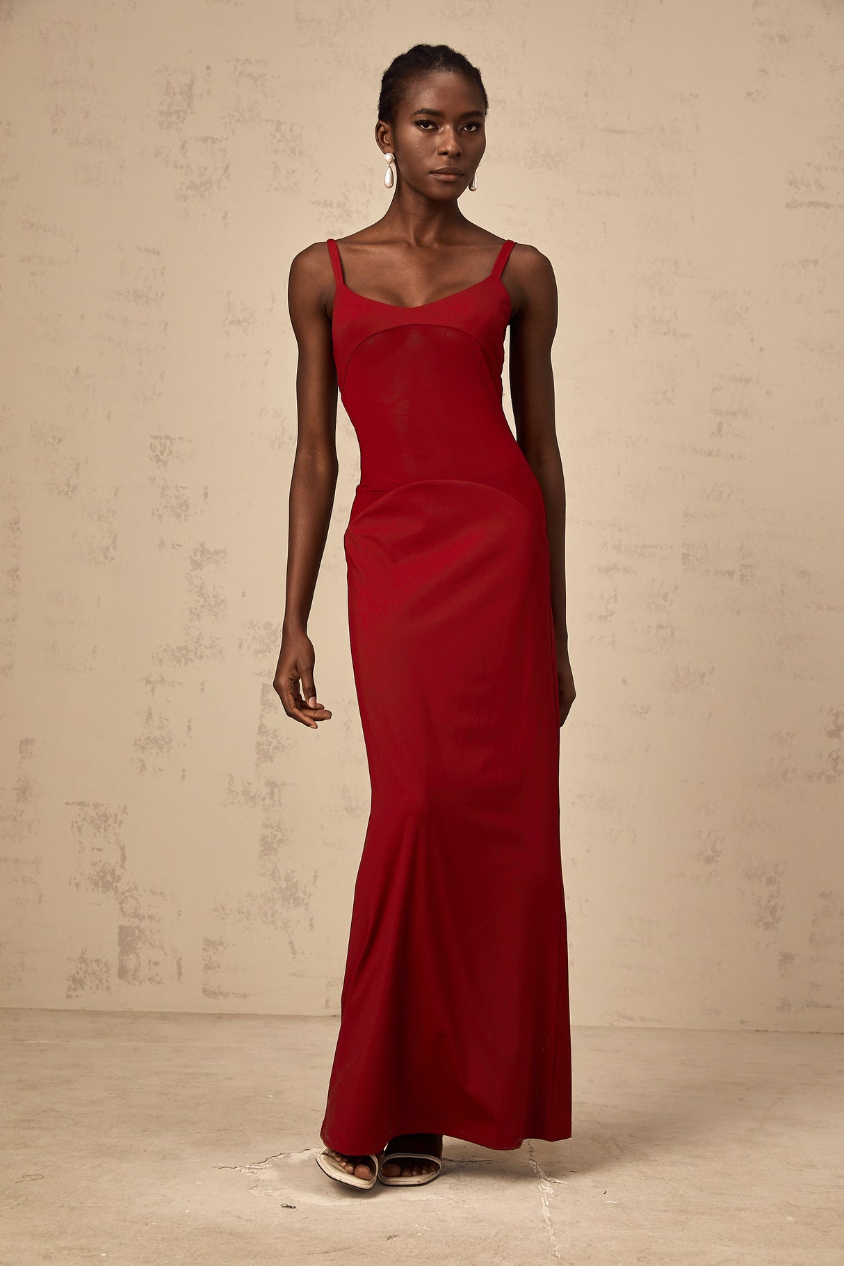 Aurohaya Céline red semi-sheer tulle-panel maxi dress
